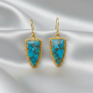 Boucles d'oreilles pendantes en turquoise bleue et cuivre, argent sterling 925, plaqué or rose et or jaune, faites à la main, style bohème, bijoux triangulaires, cadeau pour femme - Product Image 5