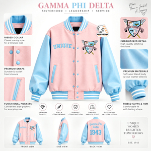 Custom Gamma Phi Delta Sorority Women's <b>Pink</b> Sky Blue Eco-Friendly <b>Waterproof</b> Lightweight Varsity <b>Jacket</b> Full Sleeve Embroidered - Product Image 5