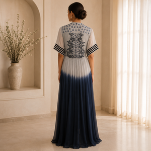 Women Ombre Maxi Dress Navy Grey Embellished V Neck Evening Gown Flowy Pleated Short Sleeve Elegant Formal Party Cocktail - Product Image 4