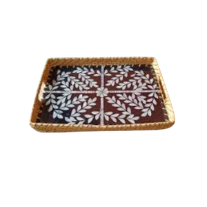 Plateau de service rectangulaire en rotin tressé fait main avec nacre, décoration naturelle pour la maison, plateau de table basse, cadeau unique, cuisine - Product Image 1