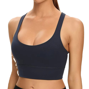 Women's Navy <b>Blue</b> Seamless Sports <b>Bra</b> Scoop Neck Racerback Medium Support Yoga Workout Top Solid Color Simple Style - Product Image 3