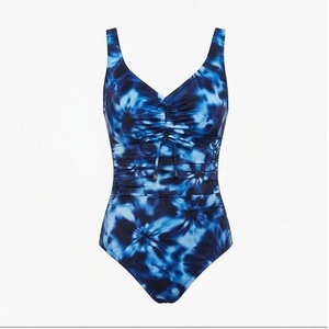 Women's Tie Dye One Piece Swimsuit Deep V Neck Ruched Drawstring Stretch Bodysuit <b>Blue</b> Pattern Knitted Spandex Polyester - Product Image 1