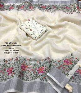 Nouvel arrivage : Saree-Blouse en lin doux avec broderie florale, bordure tissée en Zari argenté et pampilles, fournisseur indien - Product Image 5