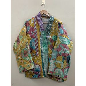 Handmade 100% Cotton Patchwork kantha <b>Kimono</b> <b>Jacket</b> Full Sleeve Shawl Collar Eco-Friendly Women's Wear <b>jacket</b> - Product Image 5