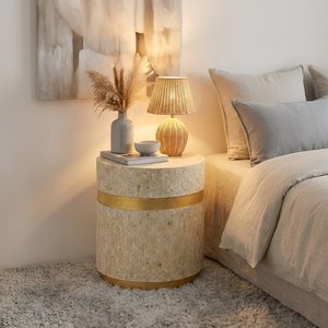 Round Mosaic Mother of Pearl Side Table With Gold Band Contemporary Bedside Decorative Wardrobes End Table For Living Room - Product Image 1