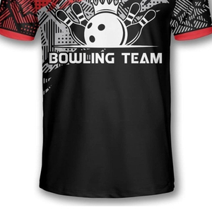 Camiseta Deportiva Personalizada para Equipo de Boliche, Diseño Rojo y Negro con Estampado Completo, Manga Corta, Cuello Camisero, Unisex para Adultos - Product Image 6