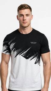 ONETEN APPAREL T-shirt imprimé noir et blanc pour hommes, haut décontracté à manches courtes et col rond - Product Image 1