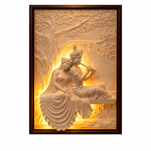 26x18 Inch Radha Krishna 3D Relief Mural | Traditional Handmade Warm LED Backlit Wood Frame Spiritual Wall Art for Home <b>Mandir</b> - Product Image 1