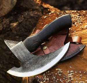 Handmade Custom High Carbon Steel Viking Pizza Hatchet 3 1/2 Cutting Edge Fine Leather Sheath Forged Pizza Cutter Wooden <b>Handle</b> - Product Image 4