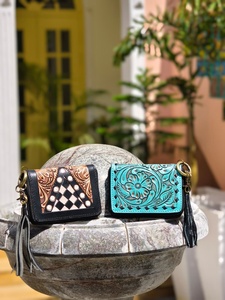 Portable Handmade 100% Genuine Leather Mini Coin Purse Hand Tooling Florals Carved With Checkered Pattern Mini Coin Chain <b>Wallet</b> - Product Image 4