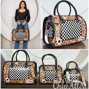 Limited Edition Checkerboard Tooled Leather Speedy Bag Floral Carving Cowhide Leather Card Design Big Size Duffle Bag for Unisex - Product Image 1