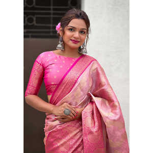 ผ้าไหมเนื้อนุ่มสีชมพูอ่อนแบบคันจิวารัม ผ้าซารีแบบดั้งเดิม ปักด้วยด้ายซารี ผลิตโดย Elite Weaves สำหรับเสื้อผ้าอินเดียและปากีสถาน - Product Image 4