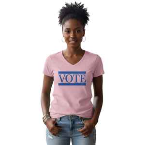 T-shirt graphique VOTE à col en V pour femme, rose et bleu, motif diamants d'été, imprimé personnalisé, haut décontracté en mélange de coton - Product Image 2