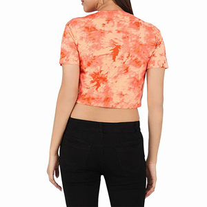Women's Tie <b>Dye</b> Crew Neck Short Sleeve Crop Top Knotted Front Casual Jersey 100% Cotton Spring Summer - Product Image 2