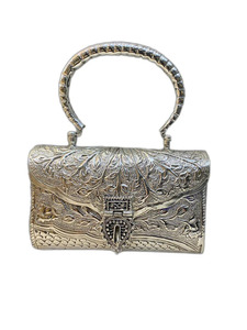 Vintage <b>Silver</b> Brass <b>Clutch</b> With Arched Handle and Intricate Floral Design At Wholesale Cheap Price from India - Product Image 1