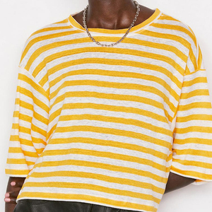 Drop Shoulder Contrast Color <b>Stripes</b> Design Women's <b>Crop</b> T-Shirts Bulk Orders Low MOQ Summer Wear Cropped <b>Tops</b> Shirts - Product Image 5