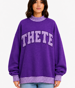 Custom Women’s Heavyweight Oversized Mockneck Sweatshirt Plaid Gingham <b>Patchwork</b> Casual Varsity Streetwear <b>Top</b> - Product Image 1