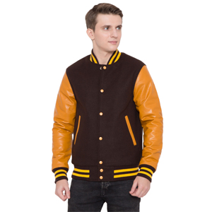 Men's Brown Orange Varsity Jacket Canvas Sleeve Regular Fit Stand Collar <b>Button</b> Closure Casual Outerwear Winter Wear Reversible - Product Image 3