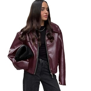 Blouson moto en cuir PU pour femme, fermeture éclair sur le devant, style motard, col rabattu, manches longues, couleur unie, coupe courte, pour l'automne - Product Image 1