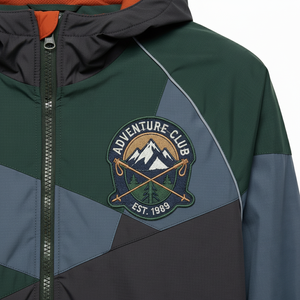 Veste coupe-vent à capuche pour homme avec blocs de couleur et patch Adventure Club, fermeture éclair avant, coupe-vent, décontractée, pour l'automne - Product Image 5