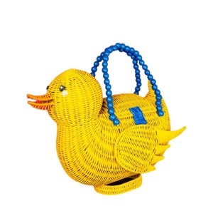 Yellow Rattan Duck Shape Storage <b>Basket</b> With Blue Bead <b>Handle</b> Animal Pattern Decorative Handmade <b>Wicker</b> Bag - Product Image 1