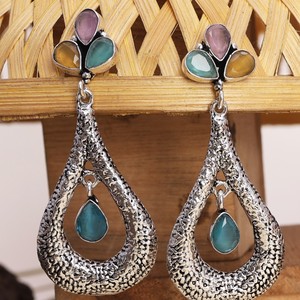 Pendientes de latón con circonita talla pera, engaste de bisel, perla de imitación, acabado plateado oxidado, estilo bohemio, joyería de moda para mujer - Product Image 2