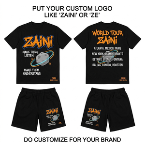 ZAINI Men's Summer Casual Solid Black T-Shirt Shorts <b>Set</b> 100% Polyester 280 GSM Embossed Hand Embroidery Custom Logo Front - Product Image 1