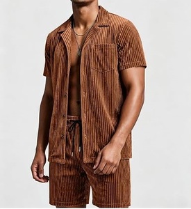 Wholesale OEM Service Velour Short Sleeve Shirt & Shorts <b>Set</b> Turn-down Collar Brown Color Loose Fit Fitness Velvet Tracksuits - Product Image 2