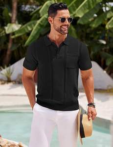 Chemises polo en tricot pour hommes, manches courtes, polo texturé, coupe ajustée, t-shirt à col d'été avec poche - Product Image 2