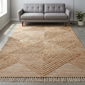 Strukturierter Handgewebter Natürlicher Jute-Teppich Moderner Rutschfester Beiger Geometrischer Diamantmuster Flachgewebter Teppich mit Fransenkanten für Wohnzimmer - Product Image 2