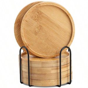 Ensemble de sous-verres ronds en bambou avec support de rangement en fil métallique, bord encastré, dessous de verre circulaire en bois pour boissons, tasses à café et surfaces de table - Product Image 1