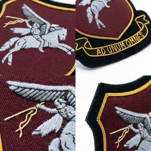 Écusson brodé main personnalisé pour blazer, motif Cheval ailé et Étrier, en fil doré sur fond marron - Product Image 4