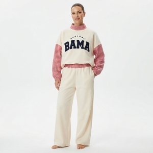Ensemble 2 pièces en polaire pour femme, motif à carreaux bleus, col montant, manches longues, coupe ample, décontracté, hiver, avec poignets - Product Image 3