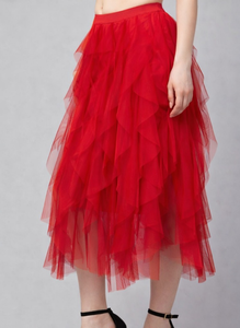 Red Tulle Maxi Skirt | Layered Mesh Ruffle Skirt | Elegant Tiered Party Wear Long Skirt for Women Red Frill Mesh Skirt - Product Image 5