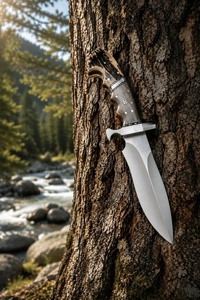 Couteau utilitaire Bowie A&M ENTERPRISES fait main en acier inoxydable à pointe tombante, manche droit en bois de cerf, étui en cuir, garantie 3 ans - Product Image 4