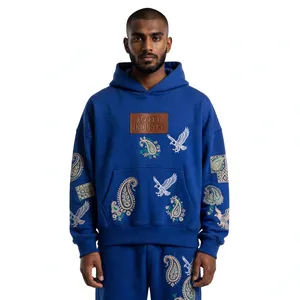 Sweat à capuche bleu pour homme Accept Industry avec broderie cachemire et faucon, coupe oversize en molleton de coton, style décontracté pour l'automne - Product Image 2