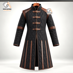 Premium <b>Men's</b> Quilted Medieval Gambeson <b>Coat</b> Renaissance Trim Belted <b>Long</b> Jacket with Front Logo Windproof & <b>Waterproof</b> - Product Image 4