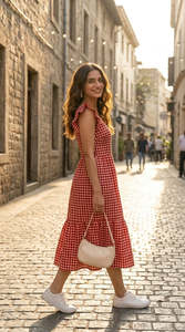 Vestido midi sin mangas a cuadros rojos, vestidos casuales para mujer con tela ligera, estilo moderno y a la moda, ajuste cómodo. - Product Image 2
