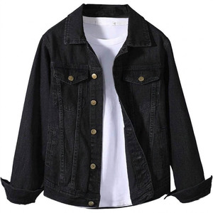 Unisex <b>Black</b> Denim Jacket Regular Fit Turn-down Collar Button Closure Washed Cotton Casual Autumn/spring Tailored style jacket - Product Image 1