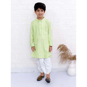Conjunto de Kurta de Manga Larga con Rayas Verde Lima y Blanco para Niños, Pantalón Dhoti, Salwar Kameez Pakistaní, Dupatta, Kurtis de Poliéster Verde Lima y Blanco - Product Image 1