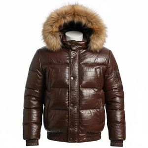 Unisex Brown Leather Puffer Jacket Genuine Leather Spring Bomber Streetwear Zipper Solid OEM Service - Product Image 1