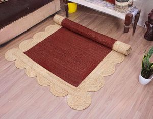 Tapis artisanal en jute naturelle rouge bordeaux à bordure festonnée, tapis décoratif tissé à la main - Product Image 4
