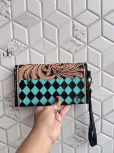 Nouvelle Arrivée 2026 – Étui de Téléphone en Cuir Façonné à la Main, Pochette Élégante en Cuir Véritable à Motif Carreaux Bleus, Portefeuilles Multi-usages pour Femmes - Product Image 3