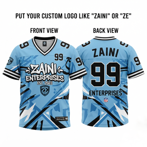 Maillot de football américain pour hommes, 180 GSM, maille polyester respirante, bleu, noir, blanc, impression par sublimation, logo personnalisé, nom, numéro, équipe - Product Image 1