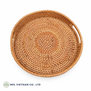 Plateau de service portable en rotin tressé, panier en osier tissé à la main avec poignées pour salle de bain, cuisine, salon, design bohème - Product Image 1