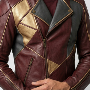 Blouson de moto en cuir pour homme, couleur bordeaux et or, avec fermeture éclair et design patchwork - Product Image 5