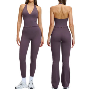 Women's Solid Front Logo Yoga Two-Piece Stretch Set Comfortable Sports <b>Top</b> & <b>Leggings</b> for Gym Training Home Workouts - Product Image 1