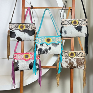 Hot Selling Premium Brown Tooled Leather Crossbody Fringe Bags New Hair on Fur Leather Sunflower Pattern Ladies Shoulder Bags - Product Image 1
