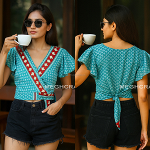 Blusa Elegante para Fiesta con Estampado Geométrico, Cuello en V, Manga Campana, Estilo Cruzado y Lazos, para Mujer, Ecológica - Product Image 4