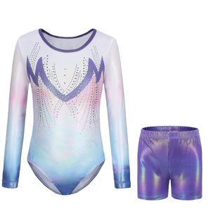 Ropa de Danza para Niñas, Leotardos y Conjuntos de Shorts de Gimnasia de Poliéster de Alta Calidad con Pedrería, Bodys de Manga Larga - Product Image 1